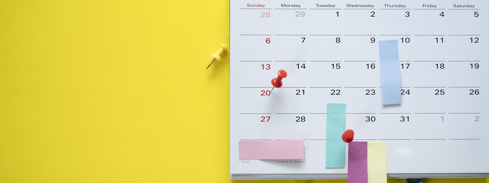 Calendar with sticky notes and push pins