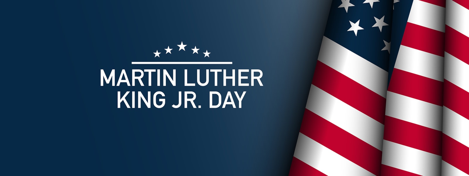 Martin Luther King Jr Day on a blue background and a flag to the right