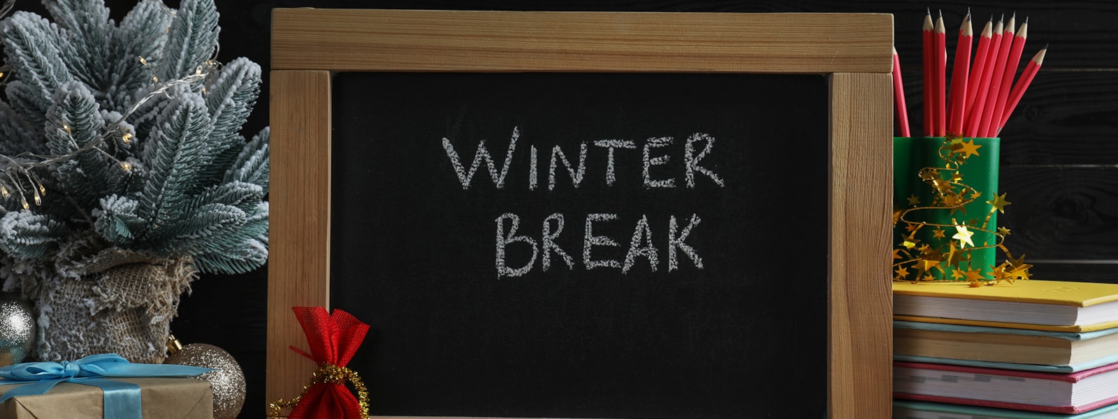 Winter Break written on a chalkboard with books, pencils, pine tree, and present