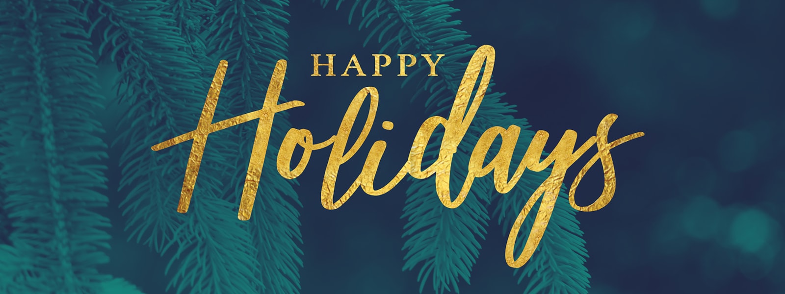 The words Happy Holidays in sparkly gold on a backdrop with the pine tree 