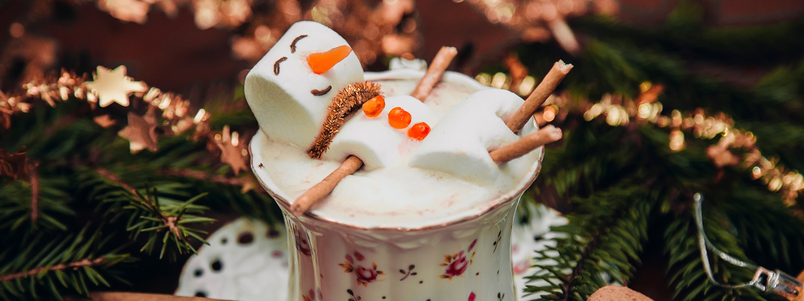 Holiday Tree, hot chocolate with marshmallow snowman