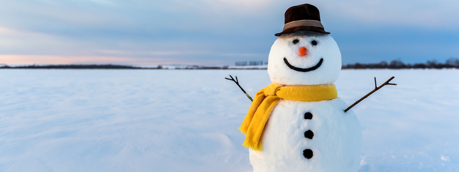 snowman with black hat and yellow scarf in a snowy field