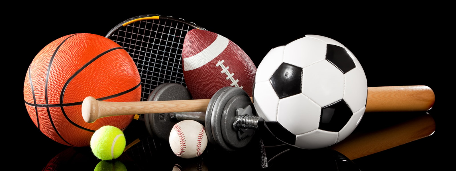 basketball, tennis ball & raquet, weight, football, baseball, bat, soccer ball