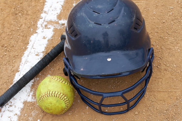 Baseball helmet, baseball and bat