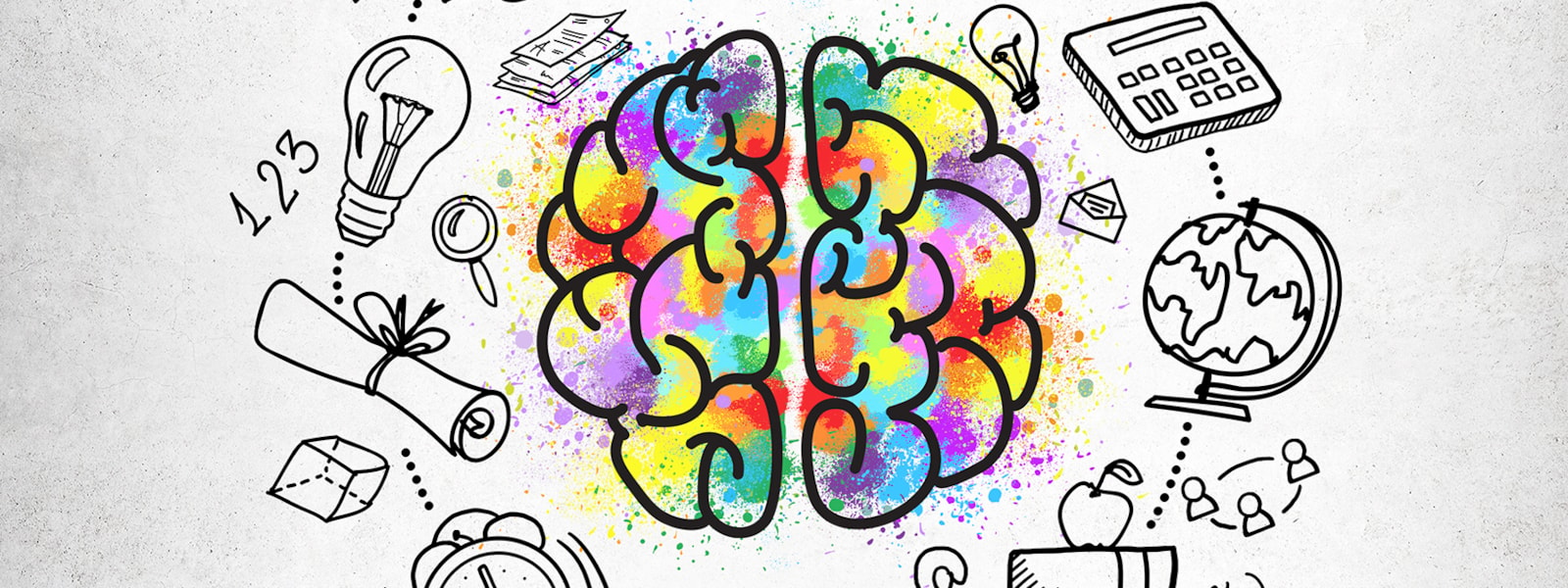 rainbow brain with school items around it 