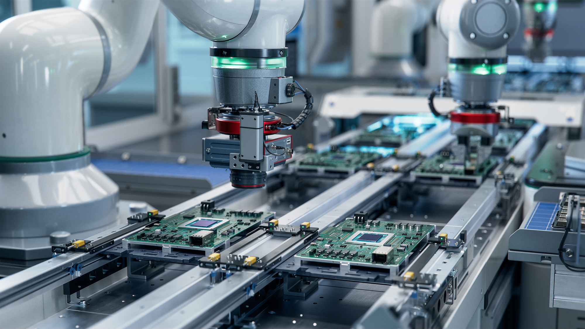 Fully Automated PCB Assembly Line Equipped with High Precision Robot Arms at Electronics Factory. 