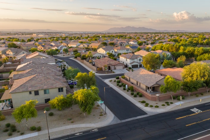 aerial picture of neighborhood at sunrise