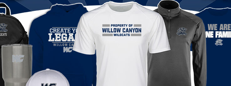 Examples of shirts and gear with willow canyon logo on it from school store.