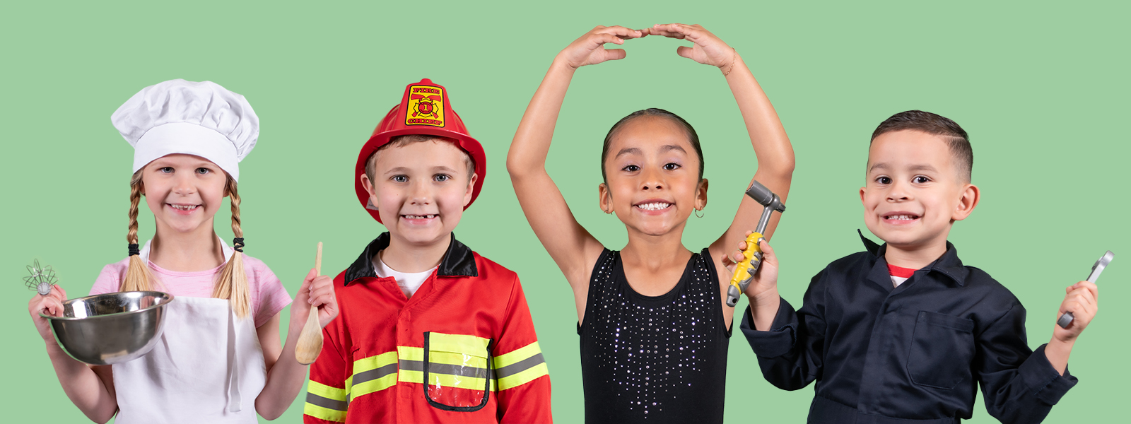 Kindergarten Students dressed as Careers, including chef, dancer, firefighter, and mechanic.
