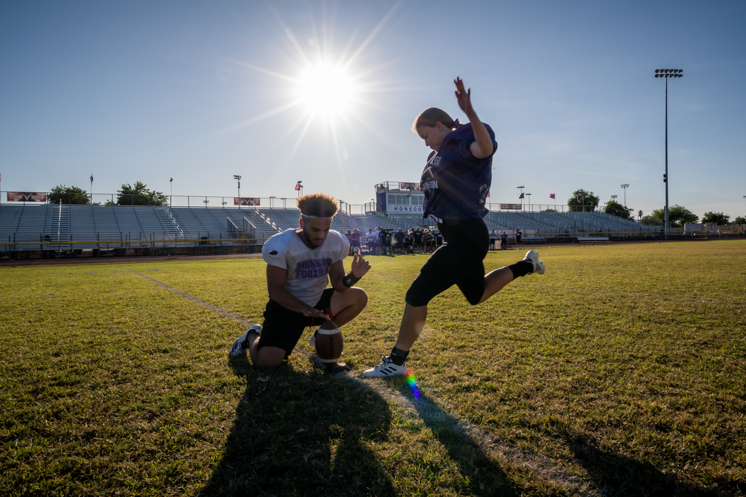 Sara Lowry practices a field goal at Valley Vista High school football stadium