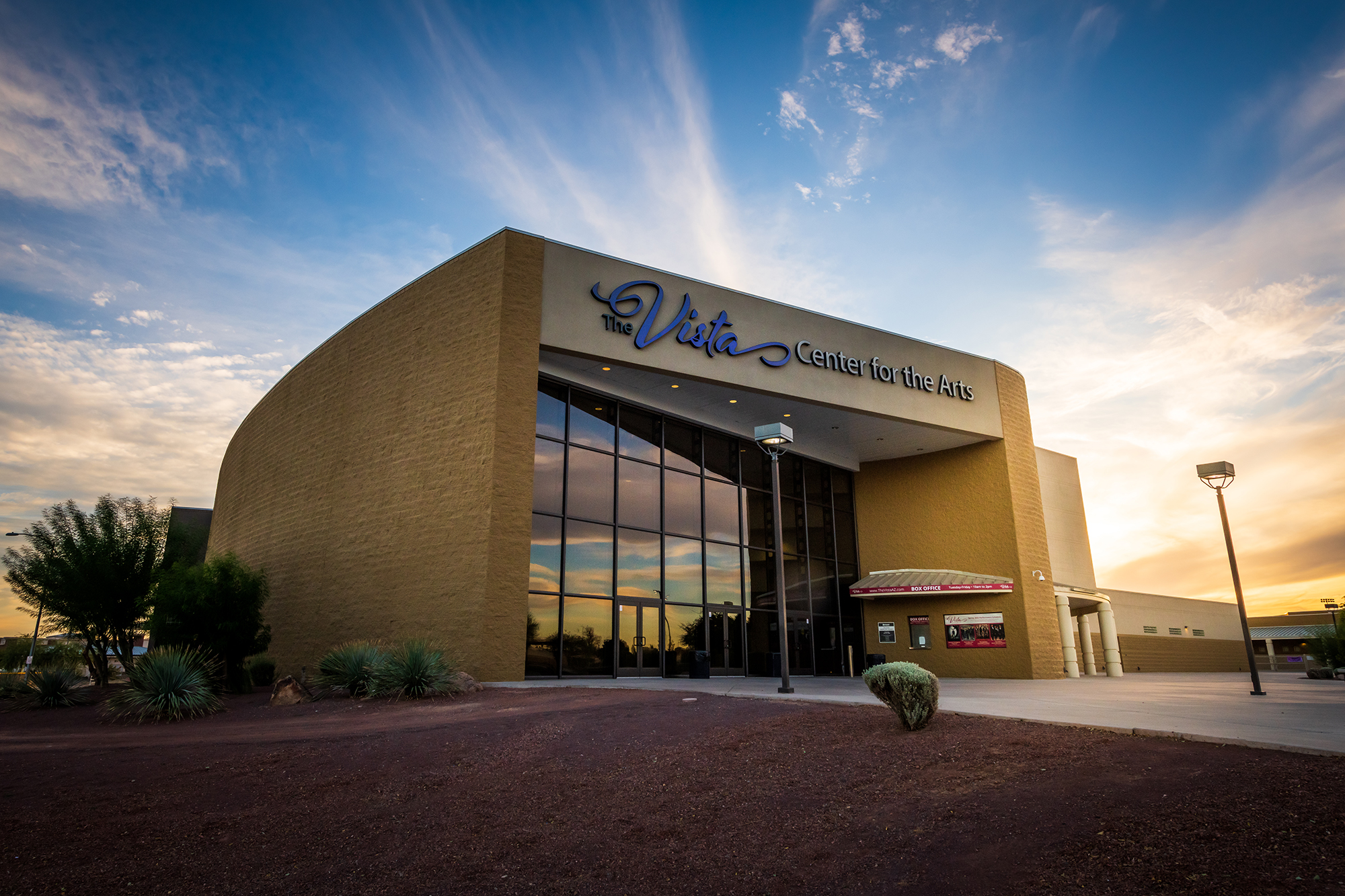 Picture of exterior of the Vista Center for the Arts at sunset
