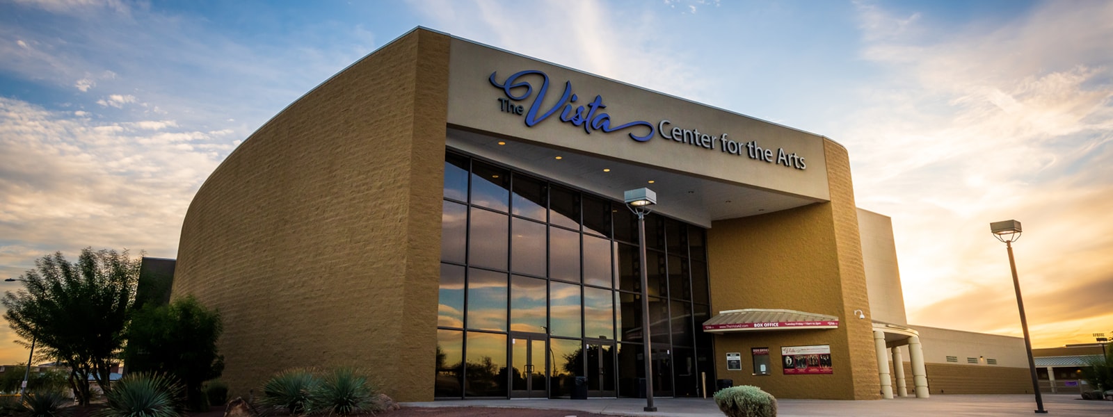 Picture of exterior of the Vista Center for the Arts at sunset