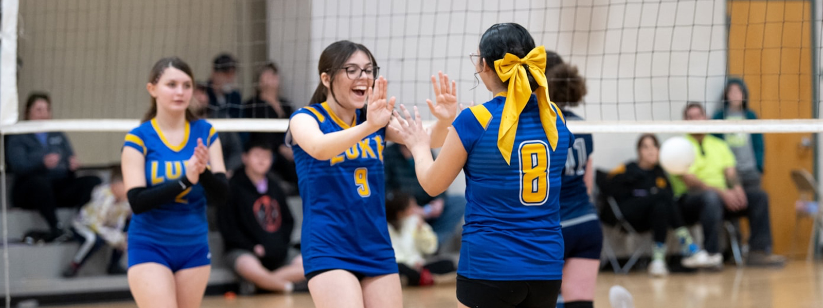 Girl high-fiving and smiling during a volleyball game