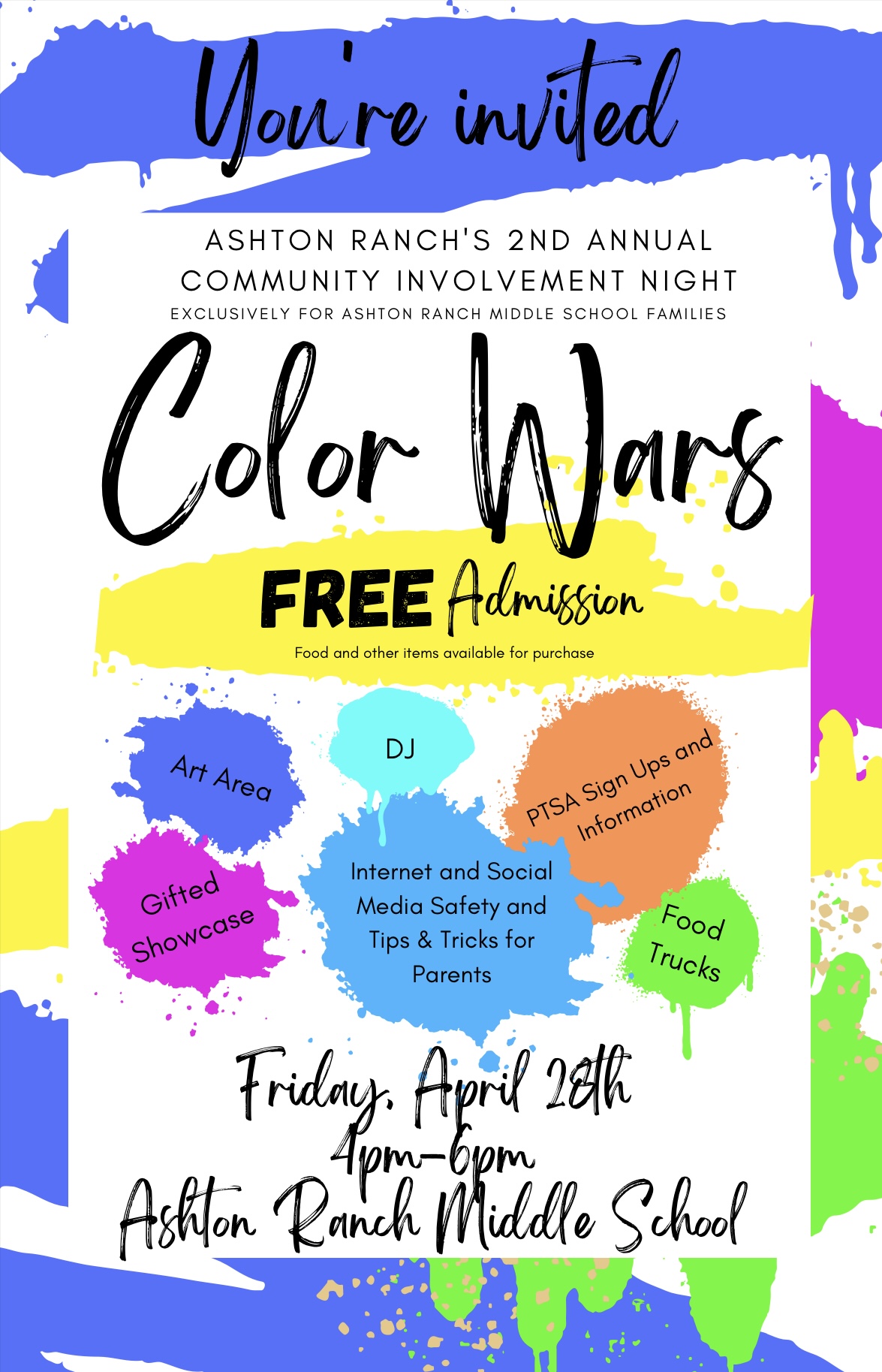 flyer for color wars family night on 4/28/23 4pm - 6pm with color paint splatters