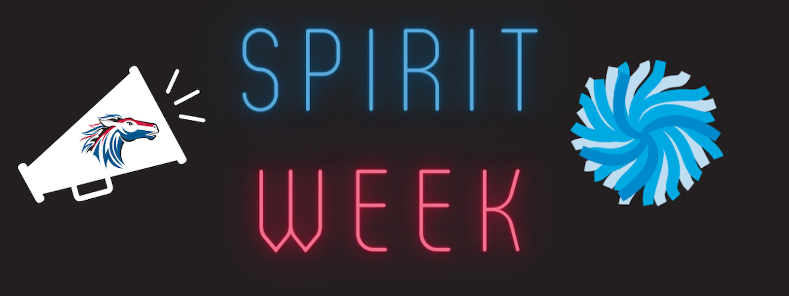 black background with 'spirit' in blue neon and 'week' in red neon, megaphone and pom pom