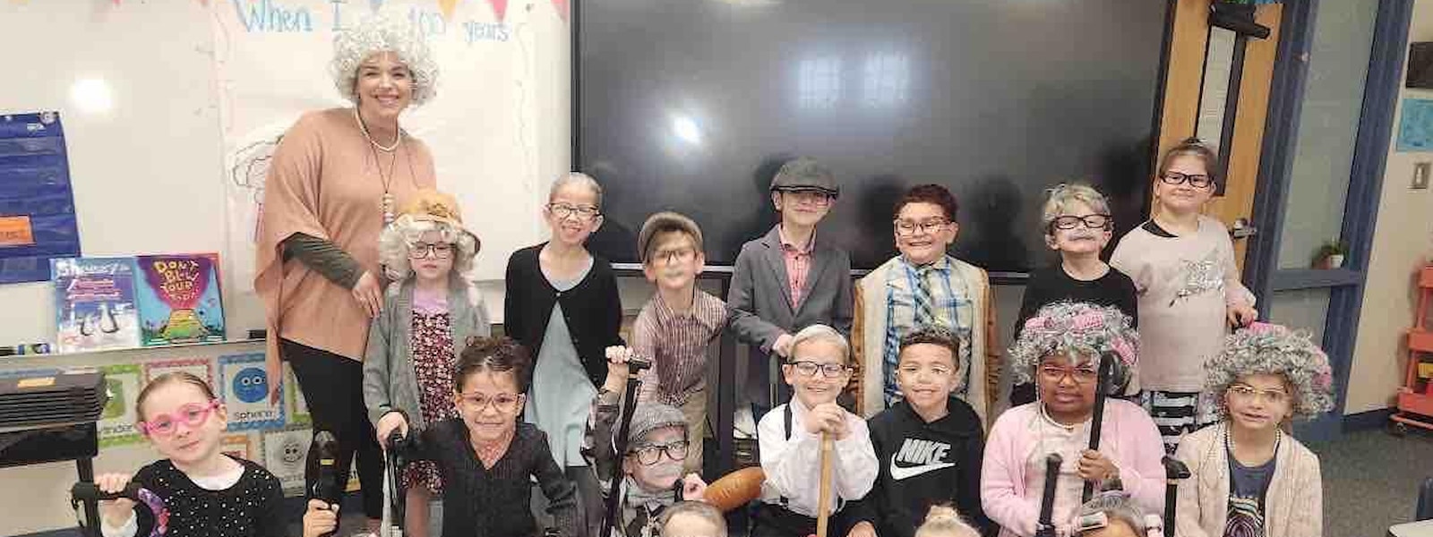 students dressed as 100 year old people