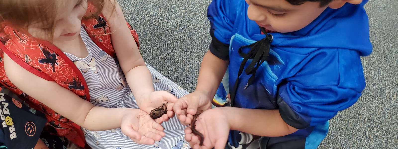 students holding earthworms.
