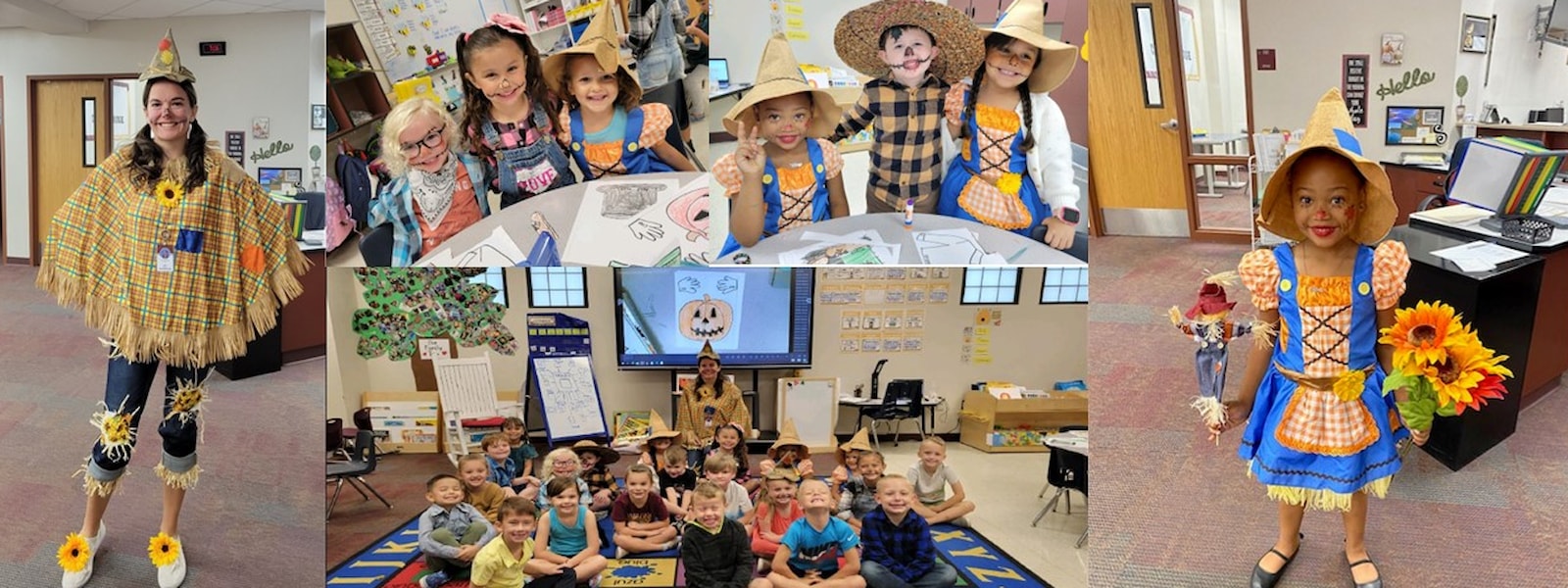several pictures of students and teacher dressed as scarecrows