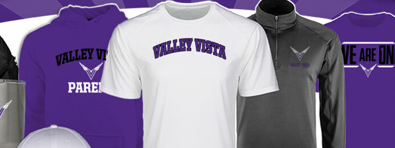 Examples of shirts and gear with valley vista logo on it from school store.