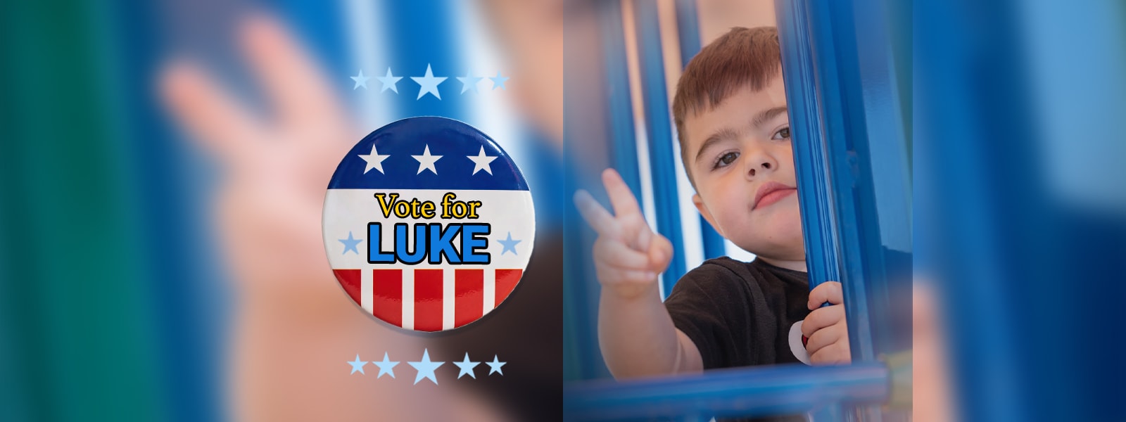 Vote for Luke button with a student.